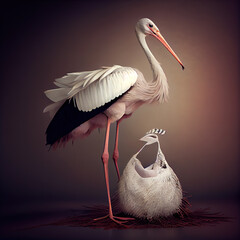 Poster - Generative AI:stork with a pink bag announcing a newborn in a studio background