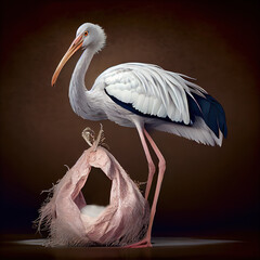 Wall Mural - Generative AI:stork with a pink bag announcing a newborn in a studio background