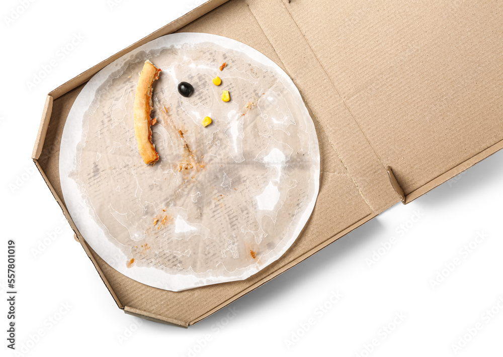 Cardboard box with pizza leftovers on white background