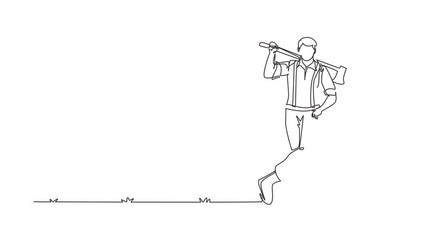 Canvas Print - Self drawing animation of single line draw lumberjack lean on wood log. Wearing shirt, jeans, boots. Holding on his shoulder an ax. Lumberjack pose. Continuous line draw. Full length animated