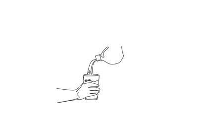 Poster - Self drawing animation of single line draw hand holding bottle of water, pouring water into glass. Mineral natural drink. Glass bottle holding in hand. Continuous line draw. Full length animated