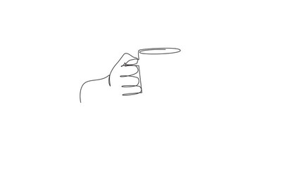 Sticker - Animated self drawing of continuous line draw hand holds a hot chocolate mug by the handle. Relax time. Human hand is holding a ceramic cup with coffee or tea. Full length single line animation