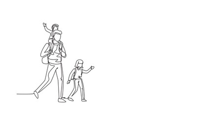 Wall Mural - Animated self drawing of continuous line draw hiking family with two children. Group of people with backpacks on mountain. Mom, dad, son and daughter. Family time. Full length single line animation