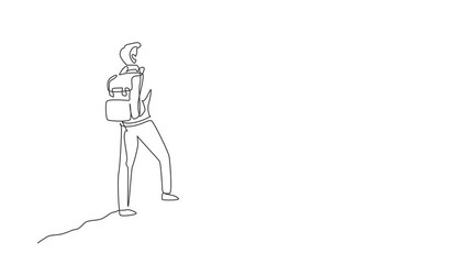 Wall Mural - Animated self drawing of continuous line draw man stands with arms outstretched on top of mountain. Motivational concept. Tourist with backpack. Traveler in rocks. Full length one line animation