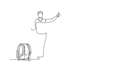 Poster - Self drawing animation of single one line draw hitchhiking man with luggage and thumbs up waiting for car by roadside. Smiling man thumbing or hitching ride. Continuous line draw. Full length animated