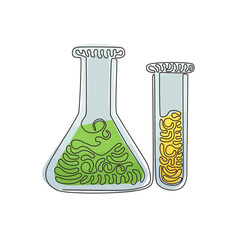 Continuous one line drawing chemistry laboratory glassware. Graduated lab tube, beaker and flask. Equipment for chemical test. Swirl curl style. Single line draw design vector graphic illustration