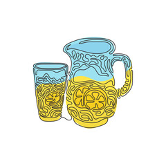 Poster - Single continuous line drawing lemonade in jug and glass. Glass and pitcher with lemons and ice cubes. Freshness cold drink. Swirl curl style. Dynamic one line draw graphic design vector illustration