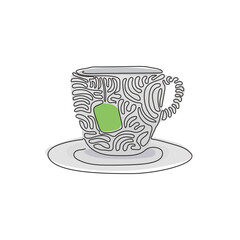 Poster - Continuous one line drawing cup with tea bag. Hot green tea drinks for breakfast. Enjoy freshness and relaxation in the morning. Swirl curl style. Single line draw design vector graphic illustration