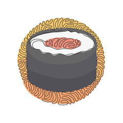 Wall Mural - Continuous one line drawing sushi roll with salmon. Traditional Japanese meal. Menu in Japanese restaurant. Swirl curl circle background style. Single line draw design vector graphic illustration