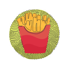 Wall Mural - Continuous one line drawing French fries in paper box package, isolated. Fried potato. Fast food retro artwork. Swirl curl circle background style. Single line draw design vector graphic illustration