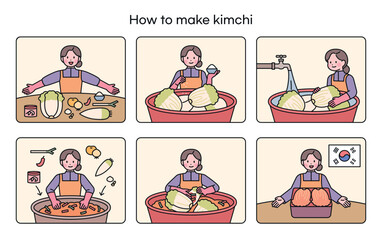 Wall Mural - Korean traditional food. The order recipe for making kimchi. A woman explains how to make kimchi.