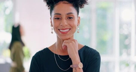 Wall Mural - Face, mission and motivation with a business black woman standing in her office at work for success. Portrait, happy and smile with a female employee with a mindset of confidence in growth in the USA