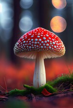 Red Cap Mushroom Psychedelic Poisonous Mushroom Vibrant Red With White Spots, Generative Ai