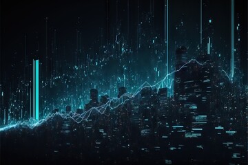 Poster -  a city skyline with lines and dots in the sky and buildings in the foreground. Generative AI