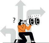 Fototapeta Tulipany - Woman with binoculars. Concept of the search. Searching for opportunities, solutions, new business ideas. People looking to the future, choosing the direction of development.