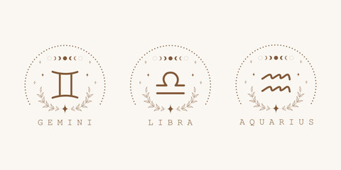 Wall Mural - gemini, libra, aquarius. air zodiac signs in boho style. astrological icons on white background. mys