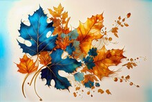 Abstract Leaves Blues And Browns, Autumn Colors Alcohol  Hint Of Blue, White Space, Gold Leaf, Generative Ai