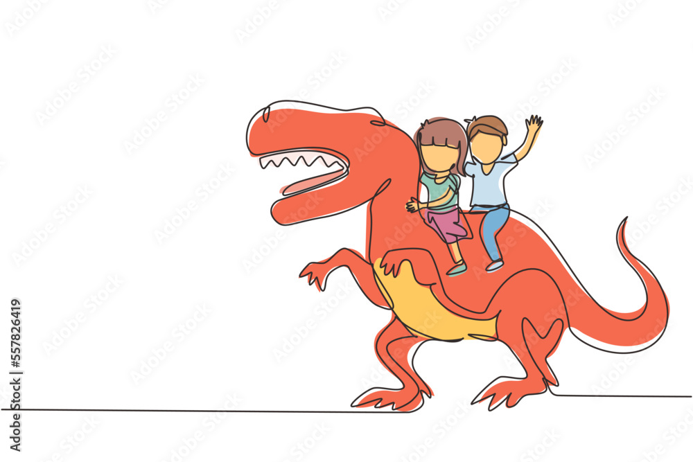 Vektor Continuous one line drawing boy and girl caveman riding t-rex ...