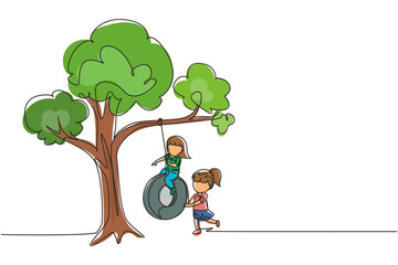 Poster - Single one line drawing happy two girls playing tire swing under tree. Cute kids swinging on tire hanging from tree. Children playing in garden. Continuous line draw design graphic vector illustration