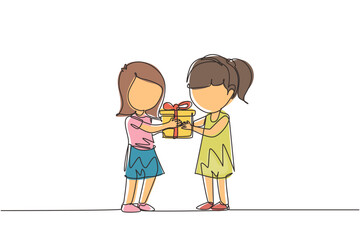 Wall Mural - Single one line drawing girl giving her friend birthday ribbon bow gift box. Children excited receiving gift from friend. Child hand over holiday present. Continuous line draw design graphic vector