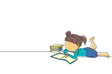 Poster - Single continuous line drawing little baby girl is reading book and dreaming lying on floor. Pile of books. Source of knowledge. Intelligent student. One line draw graphic design vector illustration