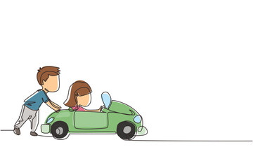 Wall Mural - Continuous one line drawing a boy is pushing his friend's car in the road. Boy and girl play with big toy car together. Kids having fun with at backyard. Single line design vector graphic illustration