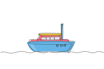 Wall Mural - Continuous one line drawing cute boat toy. Cartoon transport for kids cards, baby shower, birthday invitation, house interior. Toys for childhood. Single line draw design vector graphic illustration