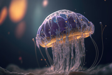 Wall Mural - Glowing jellyfish swim deep in blue sea. Medusa neon jellyfish fantasy in space cosmos water. 3d illustration