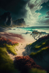Fototapete - Sunset on a wild sea beach, coastline and sand. Waves and sea surf on the background of mountains and flowers. Dawn in a cloudy sky. 3d illustration