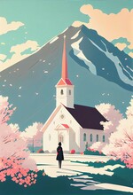 Church Minimalist Cartoon Simple Art, Generative Ai