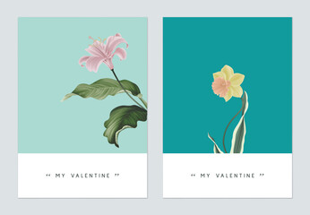 Wall Mural - Minimalist botanical valentine greeting card template design, lily and daffodil