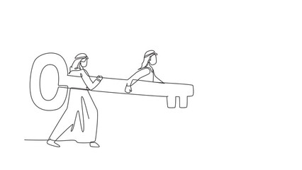 Wall Mural - Animated self drawing of continuous line draw business men standing in front of keyhole with big key. Business team holding key to success. Two man carrying huge key. Full length single line animation
