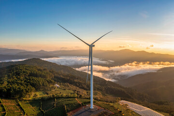 Wall Mural - panoramic view of wind farm or wind park, with high wind turbines for generation electricity with co