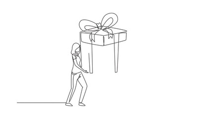 Wall Mural - Animated self drawing of single continuous line draw happy couple man and woman are carrying a huge gift box. Big bonus or special offer. Happy birthday present. Full length one line animation