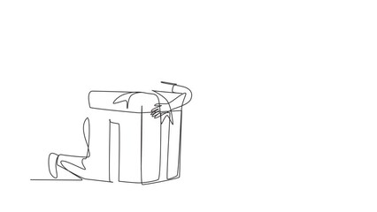 Wall Mural - Animated self drawing of continuous line draw man hugging present box. Male holding tightly in his arms gift box with bow. Present, gift, birthday, party concept. Full length single line animation