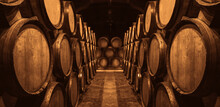 Wine Or Cognac Barrels In The Cellar Of The Winery, Wooden Wine Barrels In Perspective. Wine Vaults. Vintage Oak Barrels Of Craft Beer Or Brandy
