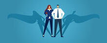 Man And Woman With Superhero Shadows Isolated. Vector Of Superhero Woman Hero, Man With Super Power Shadow Illustration