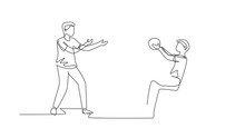 Animated Self Drawing Of Continuous Line Draw Lifestyle Of Disabled People Concept. Boy In Wheelchair Playing Ball With Male Friend Outdoors Living Active Lifestyle. Full Length One Line Animation