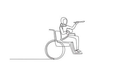 Wall Mural - Self drawing animation of single line draw disabled woman in wheelchair painting landscape. Rehabilitation physiotherapy concept. Physical disability. Continuous line draw. Full length animated