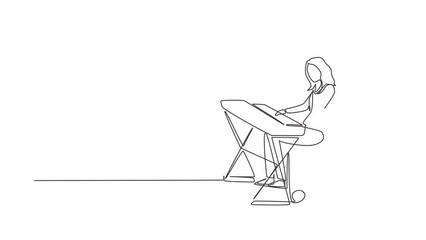 Wall Mural - Animated self drawing of continuous line draw beautiful female sit wheelchair playing electric keyboard, sing song. Physically disabled. Rehabilitation center patient. Full length one line animation