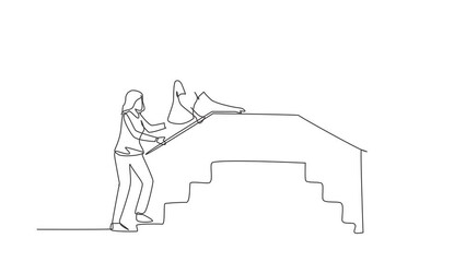 Wall Mural - Animated self drawing of single continuous line draw therapist working with female patient climbing the stairs, medical rehabilitation, physical therapy activity. Full length one line animation