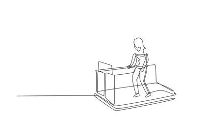 Wall Mural - Animated self drawing of continuous line draw physiotherapy rehabilitation composition with woman walking on medical running machine doing exercises. Healthcare. Full length single line animation