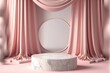 white marble platform pedestal display stage with pink curtain round background to showcase product item 3d illustration template