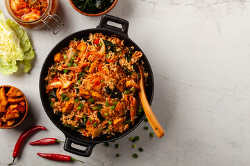 Wall Mural - Kimchi cabbage with chicken. Prepared in a wok.