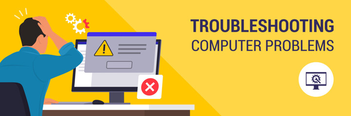 Man reading an error message notification on the computer screen