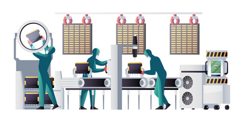 Semiconductor manufacturing process. Circuits boards components production with assembly line and workers, innovation technology concept. Vector illustration of processor manufacturing equipment