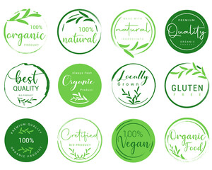 Organic food and natural product logo, sign, sticker, labels and badges collection for food market, organic and natural products promotion and premium quality food and drink. Vector illustration.