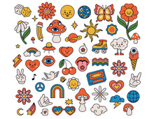 Groovy Elements Collection Flowers Mushroom And Rainbow. Vector Of Rainbow Groovy, 70s Retro Collection Elements Illustration