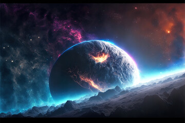 Wall Mural - mysterious alien blue planet in outer space, generative ai
