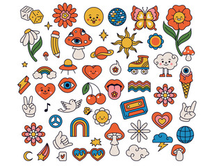Wall Mural - Groovy elements collection flowers mushroom and rainbow. Vector of rainbow groovy, 70s retro collection elements illustration